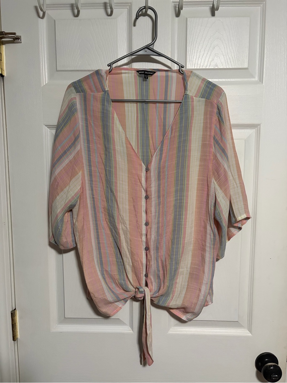 Unique Spectrum Pastel Multi-Stripe Tie-Front Button Shirt - Pink, Blue, Cream